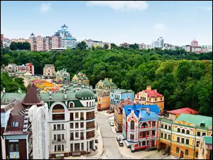 Ukraina, Kolorowe, Drzewa, Domy, Ulica