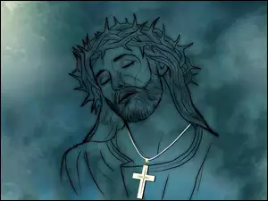 Grafika Jezusa Chrystusa z krzyżykiem na tle chmur