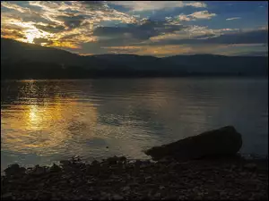 Zachód słońca, Kamień, Woda, Jezioro