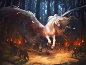 Skrzydlaty koń złapany przez ludzi w lesie