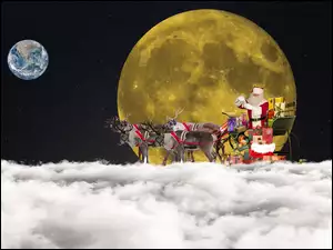 Księżyc, Święta, Renifery, Mikołaj, Prezenty