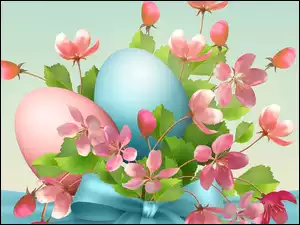 Wielkanocna grafika 2D z pisankami pośród kwiatów