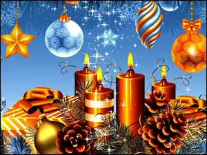 Świąteczna grafika z prezentami świecami i bombkami