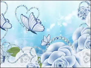 Niebieskie, Motyle, Róże, Serca