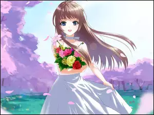 Dziewczyna z manga anime w sukni ślubnej i bukietem róż