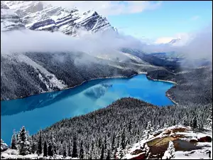 Jezioro, Mgła, Góry, Alberta, Lasy, Obłoki