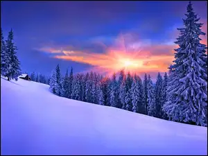 Zima, Promienie słońca, Góry, Las, Domek