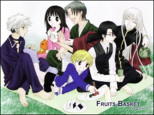 Fruits Basket, piknik, ludzie, koc