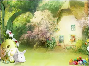 Świąteczna grafika z domem otoczonym zielenią i kwiatami oraz królikiem przy pisankach