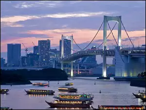 Tokio, Morze, Świt, Statki, Panorama, Most