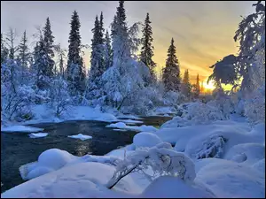 Zima, Drzewa, Rzeka, Zachód Słońca