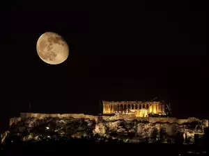 Ateny, Akropol ateński, Księżyc, Ruiny, Grecja, Noc