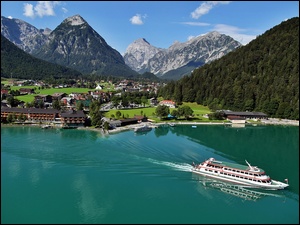 Achensee, Miasteczko, Góry, Statek, Tyrol, Wycieczkowy, Jezioro, Pertisau