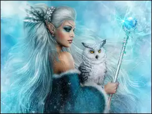Kobieta-elf z białą sową na rękach w grafice fantasy