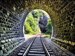 Tunel z torami kolejowymi z widokiem na skały i drzewa