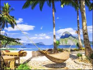 Hamak i kanapy pod palmami przy plaży na wyspie Boracay na Filipinach