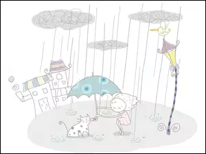 Dziewczynka, Parasol Dla dzieci, Deszcz, Kot