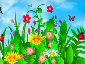 Wiosenno-kwiatowa grafika z motylkami i bidronkami w 2D