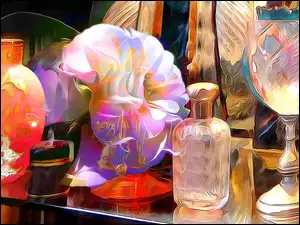 Kompozycja z butelką kieliszkiem i wazonem oraz kwiatami na stoliku w grafice fractalius