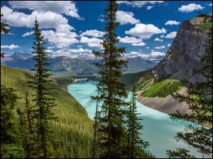 jezioro otoczone górami i lasem w Parku Narodowym w kanadyjskiej Albercie