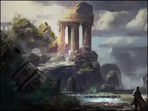 Ruiny i skały w lesie w grafice fantasy