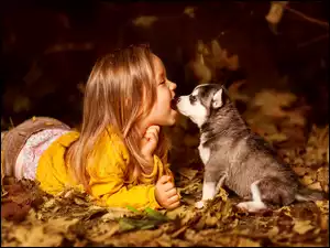 Dziewczynka i szczeniaczek na jesiennych liściach
