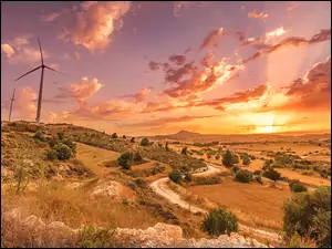 Krajobraz pól z wiatrakami na Cyprze o zachodzie słońca