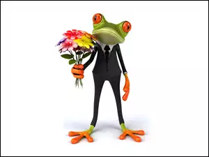 Żaba w garniturze z bukietem kwiatów
