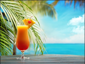 Koktajl postawiony na deskach pod palmami z widokiem na morze