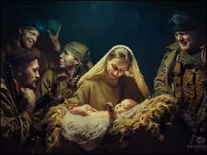 Żołnierze obok kobiety pochylonej nad dzieckiem
