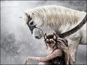 Koń, Śnieg, Dziewczyna, Maska