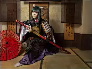 Azjatka kimonie z mieczem w grafice fantasy