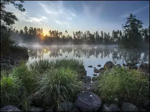 poranny wschód słońca na jeziorem z mgłą