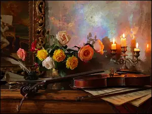 w starym stylu dekoracja z bukietu róż i skrzypcami na stole z nutami