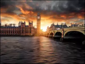 Rzeka Tamiza, Big Ben, Anglia, Zachód Słońca, Londyn, Most Westminsterski