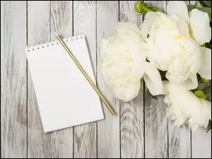 Notes z ołówkiem położony na deskach obok bukietu piwonii