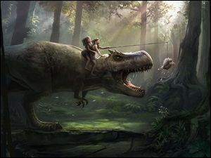 śmieszny Dinozaur w lesie o poranku