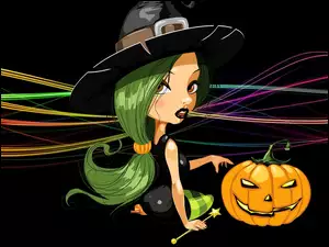 Halloweenowa grafika z urodziwą czarownicą i dynią