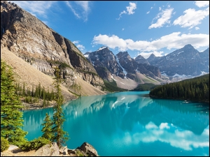 kanadyjski park narodowy Banff z jeziorem i skalistymi górami otoczony lasem