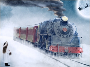 Dziewczynka obok pociągu zimą przy księżycu