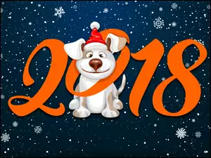 Nowy rok 2018 z śnieżynkami i psem w czapce Mikołaja