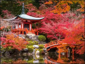 Park w Japonii ze stawem i mostkiem