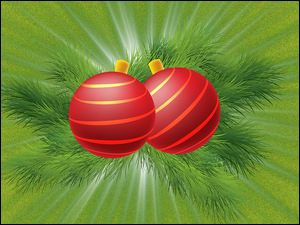 Czerwone bombki na zielonym tle z napisem świątecznym