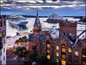 Miasto Australia Wieczór Sydney Morze Statek Domy Taras Ulica Drzewa Panorama