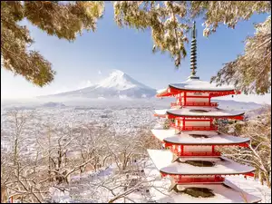 Góra Fudżi z ośnieżoną świątynią i drzewami w Japonii