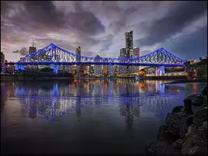 Rzeka, Australia, Oświetlony, Drapacze, Miasto, Most, Chmur, Nocą