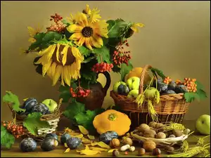Sloneczniki, Warzywa, Bukiet, Kwiaty, Owoce