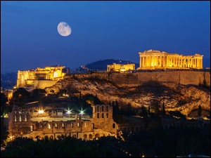 Ruiny, Akropol ateński, Grecja, Noc, Ateny, Księżyc