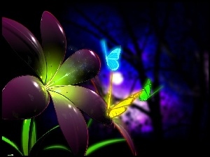 Kwiat, 3D, Motyle, Neon