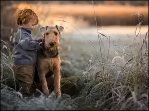 Chłopiec z psem w trzcinach